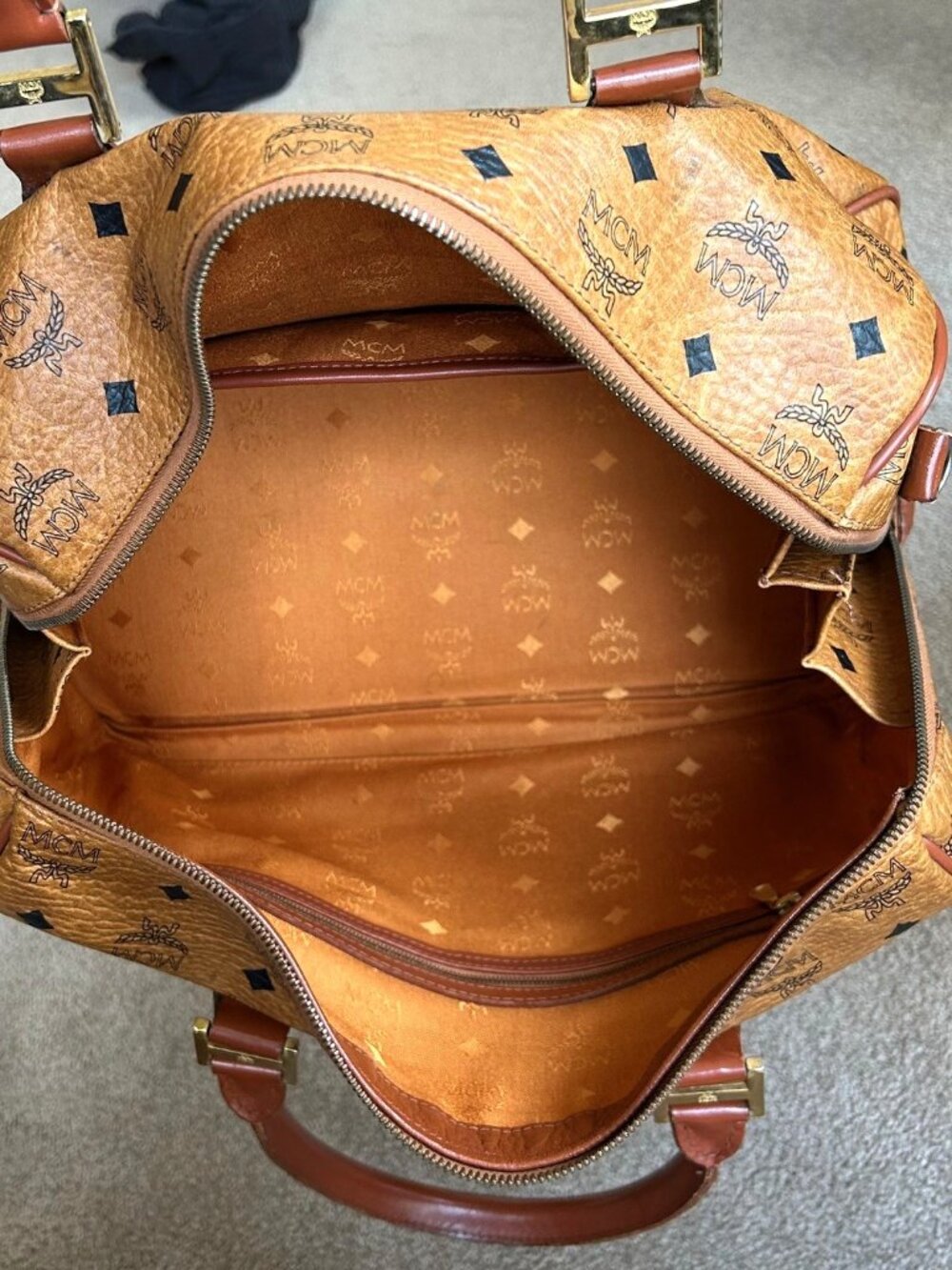 MCM Monogram Visetos Boston Bag, Cognac Tan 👜 - Picture 8 of 13